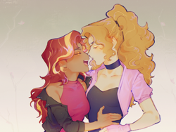 Size: 2089x1572 | Tagged: safe, artist:stummm, derpibooru import, adagio dazzle, sunset shimmer, equestria girls, blushing, female, hug, lesbian, shipping, sunsagio, tsundagio, tsundere