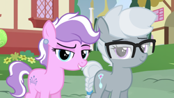 Size: 1280x720 | Tagged: safe, derpibooru import, edit, edited screencap, editor:deserter, screencap, diamond tiara, silver spoon, earth pony, pony, alternate hairstyle, ear piercing, earring, female, filly, foal, glasses, jewelry, lidded eyes, looking at you, piercing, smiling, smirk, tomboy