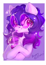 Size: 2894x4093 | Tagged: safe, artist:sofiko-ko, derpibooru import, oc, oc only, oc:share dast, earth pony, pony, bendy straw, chest fluff, cup, drinking, drinking straw, female, freckles, gift art, glasses, happy birthday, looking at you, mare, smiling, smiling at you