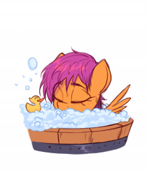 Size: 1658x1916 | Tagged: safe, artist:fanzeem, derpibooru import, scootaloo, pegasus, pony, bubble bath, eyes closed, female, filly, foal, rubber duck, simple background, solo, white background