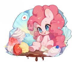 Size: 1143x945 | Tagged: safe, artist:sunnyduck233, derpibooru import, pinkie pie, earth pony, pony, :p, belly button, blueberry, chocolate, crumbs, cupcake, cute, diapinkes, female, filly, filly pinkie pie, foal, food, frosting, heart, ice cream, solo, strategically covered, strawberry, tongue, tongue out, whipped cream, wrapper, younger