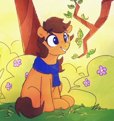 Size: 1942x2048 | Tagged: safe, artist:thefloatingtree, derpibooru import, oc, oc only, earth pony, pony, bush, clothes, female, flower, grass, mare, scarf, scenery, sitting, smiling, solo, tree