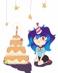 Size: 2000x2500 | Tagged: safe, artist:draconightmarenight, derpibooru import, oc, oc:anykoe, human, bell, birthday, birthday cake, birthday candles, cake, chibi, clothes, collar, colored sketch, decoration, food, hat, humanized, lolita fashion, monthly reward, party, party hat, skirt, solo, stars, uwu