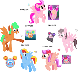 Size: 1200x1108 | Tagged: safe, artist:victorfazbear, derpibooru import, pegasus, pony, g4, boodles, bow, bucktooth, disney, female, flying, goofles, goofy, hair bow, helpers, male, mare, mickey mouse clubhouse, ponified, quoodles, silly, simple background, stallion, toodles, transparent background, woodles