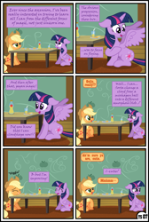 Size: 1600x2379 | Tagged: safe, artist:gutovi, derpibooru import, applejack, twilight sparkle, twilight sparkle (alicorn), alicorn, earth pony, pony, comic:why me!?, alternate ending, apple, apple juice, comic, cooking, female, food, hat, high res, juice, lesbian, mare, shipping, show accurate, sweet apple acres, table, twijack
