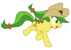 Size: 2408x1696 | Tagged: safe, artist:third uncle, derpibooru import, edit, apple fritter, earth pony, pony, apple family member, bow, cowboy hat, female, hat, mare, pose, simple background, transparent background