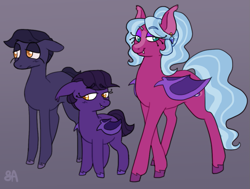 Size: 1027x778 | Tagged: safe, artist:greenarsonist, derpibooru import, oc, oc only, oc:night smyth, oc:party popper🎊, oc:plum shadow, bat pony, earth pony, bat pony oc, bat wings, ears back, earth pony oc, eyeshadow, female, folded wings, lipstick, makeup, male, sharp teeth, siblings, smiling, teeth, unshorn fetlocks, wings, young, younger