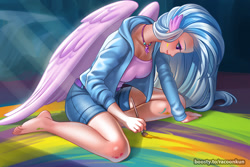 Size: 1200x800 | Tagged: safe, artist:racoonsan, derpibooru import, silverstream, human, barefoot, belt, clothes, feet, female, humanized, jacket, jewelry, necklace, older, older silverstream, paint, paintbrush, painting, shorts, solo, wing ears, winged humanization, wings