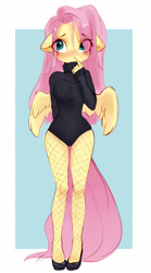 Size: 2268x4093 | Tagged: safe, artist:sofiko-ko, derpibooru import, fluttershy, anthro, pegasus, blushing, breasts, clothes, ears, eye clipping through hair, eyebrows, eyebrows visible through hair, female, finger to mouth pose, fishnet pantyhose, fishnet stockings, floppy ears, high heels, hootershy, leotard, mare, shoes, solo, spread wings, sweater, turtleneck, wings