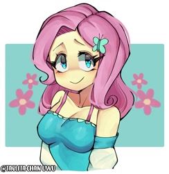 Size: 1200x1231 | Tagged: safe, artist:tablitachan5, derpibooru import, fluttershy, equestria girls, bra, bra strap, breasts, bust, butterfly hairpin, cleavage, clothes, cute, female, flower, hootershy, looking at you, no nose, shyabetes, smiling, smiling at you, solo, underwear