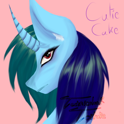 Size: 1280x1280 | Tagged: safe, derpibooru import, oc, oc only, oc:cutie cake, unicorn, blue hair, blue skin, green hair, horn, multicolored hair, pink background, red eyes, simple background, unicorn oc, watermark