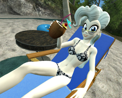 Size: 1346x1080 | Tagged: safe, artist:oatmeal!, derpibooru import, mayor mare, equestria girls, 3d, beach, beach chair, belly button, bikini, breasts, clothes, coconut cup, deck chair, equestria girls-ified, glasses, gmod, looking at you, lying down, sexy, solo, swimsuit, tropical