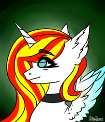 Size: 2000x2300 | Tagged: safe, artist:dillice, derpibooru import, oc, oc only, alicorn, pony, alicorn oc, bust, choker, ear fluff, ears, eye clipping through hair, eyelashes, female, gradient background, horn, mare, solo, wings