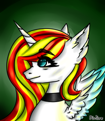 Size: 2000x2300 | Tagged: safe, alternate version, artist:dillice, derpibooru import, oc, oc only, alicorn, pony, alicorn oc, bust, choker, ear fluff, ears, eye clipping through hair, eyelashes, female, gradient background, horn, mare, solo, wings