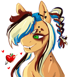 Size: 1672x1769 | Tagged: safe, artist:damayantiarts, derpibooru import, applejack, earth pony, pony, apple, applepunk, bust, ear piercing, female, food, hair over one eye, heart, lip piercing, makeup, mare, piercing, punk, running makeup, solo