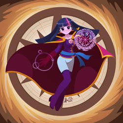 Size: 1280x1280 | Tagged: safe, artist:howxu, derpibooru import, twilight sparkle, equestria girls, blushing, boots, cape, clothes, cosplay, costume, crossover, doctor strange, female, gloves, high heel boots, jewelry, looking at you, magic, marvel, marvel comics, mcu, necklace, robe, sash, shirt, shoes, smiling, solo, sorcerer supreme, superhero, thigh boots