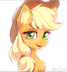 Size: 799x849 | Tagged: safe, artist:inowiseei, derpibooru import, applejack, earth pony, pony, applejack's hat, bust, chest fluff, clothes, cowboy hat, crying, cute, ear fluff, ears, female, hat, jackabetes, looking at you, open mouth, open smile, simple background, smiling, solo, tears of joy, white background