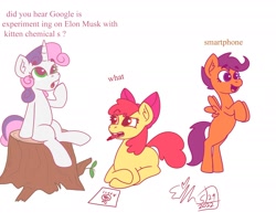 Size: 2100x1700 | Tagged: safe, artist:erynerikard, derpibooru import, apple bloom, scootaloo, sweetie belle, earth pony, pegasus, pony, unicorn, cutie mark crusaders, dialogue, google experimenting on elon musk with kitten chemicals, meme, mouth hold, pencil, wat