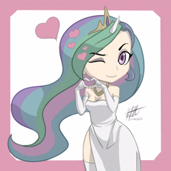 Size: 4000x4000 | Tagged: safe, artist:nlhetfield, derpibooru import, princess celestia, human, abstract background, chibi, cute, heart hands, horn, horned humanization, humanized, one eye closed, simple background, wink