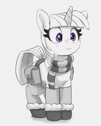 Size: 1906x2384 | Tagged: safe, artist:pabbley, derpibooru import, twilight sparkle, pony, unicorn, bag, boots, clothes, cute, female, gray background, mare, monochrome, neo noir, partial color, saddle bag, scarf, shoes, simple background, smiling, solo, striped scarf, twiabetes