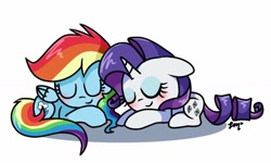 Size: 1024x616 | Tagged: source needed, safe, artist:silver meadow, derpibooru import, rainbow dash, rarity, pegasus, pony, unicorn, female, lesbian, raridash, shipping, simple background, sleeping, white background