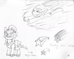 Size: 1600x1275 | Tagged: safe, artist:underwoodart, derpibooru import, oc, oc:shooting star, pegasus, armor, concept art, cutie mark, female, flight of the valkyrie, mare, pegasus oc, pencil drawing, simple background, sketch, sonic rainboom, traditional art, white background