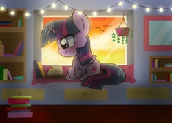 Size: 1024x733 | Tagged: source needed, safe, artist:silver meadow, derpibooru import, twilight sparkle, twilight sparkle (alicorn), alicorn, pony, book, female, reading, solo, string lights, window