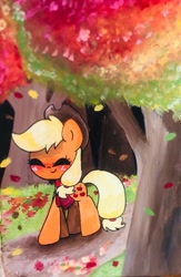 Size: 668x1024 | Tagged: safe, artist:silver meadow, derpibooru import, applejack, earth pony, pony, autumn, clothes, female, leaves, scarf, solo, tree