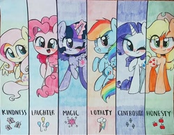 Size: 1024x794 | Tagged: safe, artist:silver meadow, derpibooru import, applejack, fluttershy, pinkie pie, rainbow dash, rarity, twilight sparkle, twilight sparkle (alicorn), alicorn, earth pony, pegasus, pony, unicorn, female, mane six, traditional art