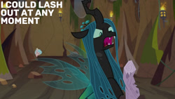 Size: 1280x720 | Tagged: safe, derpibooru import, edit, edited screencap, editor:quoterific, screencap, cozy glow, queen chrysalis, changeling, pegasus, pony, frenemies (episode), season 9, female, filly, foal, open mouth, solo focus, text