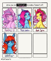 Size: 1715x2048 | Tagged: safe, artist:mscolorsplash, derpibooru import, apple spice, skywishes, thistle whistle, waterfire, earth pony, pegasus, pony, g3, female, grin, mare, six fanarts, smiling, wip