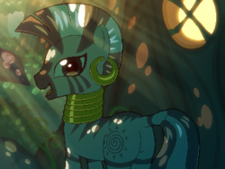 Size: 800x600 | Tagged: safe, artist:rangelost, derpibooru import, zecora, zebra, butt, crepuscular rays, cyoa, cyoa:d20 pony, everfree forest, looking at you, offscreen character, pixel art, plot, solo, story included, zecora's hut