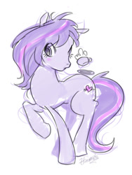 Size: 480x640 | Tagged: safe, artist:hinoraito, derpibooru import, oc, oc only, earth pony, pony, cup, female, mare, simple background, sketch, solo, teacup, white background