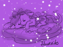 Size: 679x508 | Tagged: safe, artist:hinoraito, derpibooru import, oc, oc only, pegasus, pony, unicorn, book, cloud, monochrome, sleeping