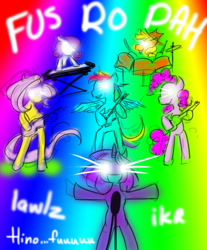 Size: 508x615 | Tagged: safe, artist:hinoraito, derpibooru import, applejack, fluttershy, pinkie pie, rainbow dash, rarity, twilight sparkle, pony, concert, fus-ro-dah, glowing, glowing eyes, mane six, musical instrument, rainbow background, sketch