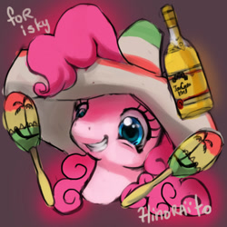 Size: 600x600 | Tagged: safe, artist:hinoraito, derpibooru import, pinkie pie, pony, alcohol, bust, food, maracas, musical instrument, portrait, solo, sombrero, tequila