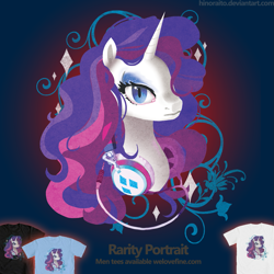 Size: 1299x1299 | Tagged: safe, artist:hinoraito, derpibooru import, rarity, pony, bust, clothes, female, headphones, mare, merchandise, official, portrait, shirt, solo, t-shirt, welovefine