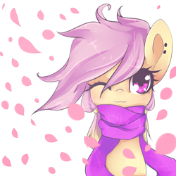 Size: 1200x1200 | Tagged: safe, artist:synisthetica, derpibooru import, oc, oc only, pony, bust, clothes, ear piercing, female, hairband, mare, one eye closed, piercing, scarf, solo
