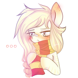 Size: 1200x1200 | Tagged: safe, artist:synisthetica, derpibooru import, oc, oc only, pony, ..., bandaid, blushing, clothes, female, freckles, mare, scarf, scrunchy face, simple background, solo, striped scarf, white background