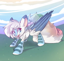 Size: 1600x1529 | Tagged: safe, artist:synisthetica, derpibooru import, oc, oc only, oc:michini, pegasus, pony, art trade, cloud, female, grass, looking at you, mare, outdoors, sky, solo