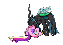 Size: 1515x1080 | Tagged: safe, artist:plaguetyranno, artist:silent-e, derpibooru import, princess cadance, queen chrysalis, alicorn, changeling, changeling queen, pony, butt, chrysalispred, female, mare, oral vore, plot, preydance, simple background, story in the source, vore, white background