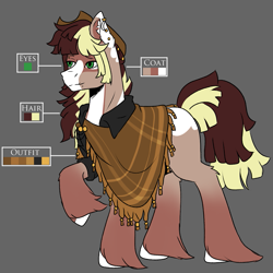 Size: 1069x1069 | Tagged: safe, artist:ocmakerarichan, derpibooru import, oc, oc only, earth pony, pony, clothes, color palette, crack ship offspring, gray background, hoof fluff, long feather, offspring, parent:big macintosh, parent:songbird serenade, poncho, simple background, solo, unshorn fetlocks