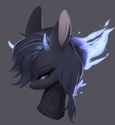 Size: 1256x1366 | Tagged: safe, artist:dammmnation, derpibooru import, oc, oc only, pony, bedroom eyes, bust, eyelashes, female, gray background, horns, mare, simple background, solo