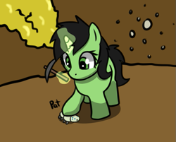 Size: 605x486 | Tagged: safe, artist:neuro, derpibooru import, oc, oc only, oc:anon filly, insect, pony, unicorn, female, filly, foal, levitation, magic, pickaxe, solo, telekinesis