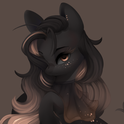 Size: 1500x1500 | Tagged: safe, artist:dammmnation, derpibooru import, oc, oc only, earth pony, pony, brown background, bust, clothes, ear piercing, earth pony oc, female, freckles, mare, piercing, simple background, solo