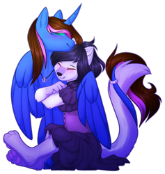 Size: 2137x2250 | Tagged: safe, artist:purplegrim40, derpibooru import, oc, oc only, alicorn, anthro, digitigrade anthro, pony, wolf, alicorn oc, anthro with ponies, horn, hug, jewelry, necklace, oc x oc, shipping, simple background, transparent background, wings