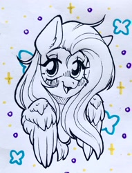 Size: 1564x2048 | Tagged: safe, artist:kadus_uwu, artist:madkadd, derpibooru import, fluttershy, pegasus, pony, blushing, ear fluff, ears, eyelashes, female, lineart, mare, smiling, solo, traditional art, wings