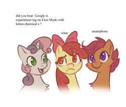 Size: 1097x936 | Tagged: safe, artist:pixel_chikki, derpibooru import, apple bloom, scootaloo, sweetie belle, earth pony, pegasus, pony, unicorn, chest fluff, cutie mark crusaders, dialogue, frown, google experimenting on elon musk with kitten chemicals, heart eyes, meme, smiling, starry eyes, text, wat, wingding eyes