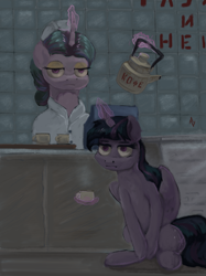 Size: 1024x1366 | Tagged: safe, artist:alexandrvirus, derpibooru import, princess celestia, twilight sparkle, twilight sparkle (alicorn), alicorn, pony, coffee, cup, cyrillic, duo, looking at you, russian, teacup, unamused