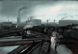 Size: 1024x714 | Tagged: safe, artist:alexandrvirus, derpibooru import, princess celestia, alicorn, pony, factory, industrial, jewelry, pipe (plumbing), regalia, scenery, smoke, solo, wires